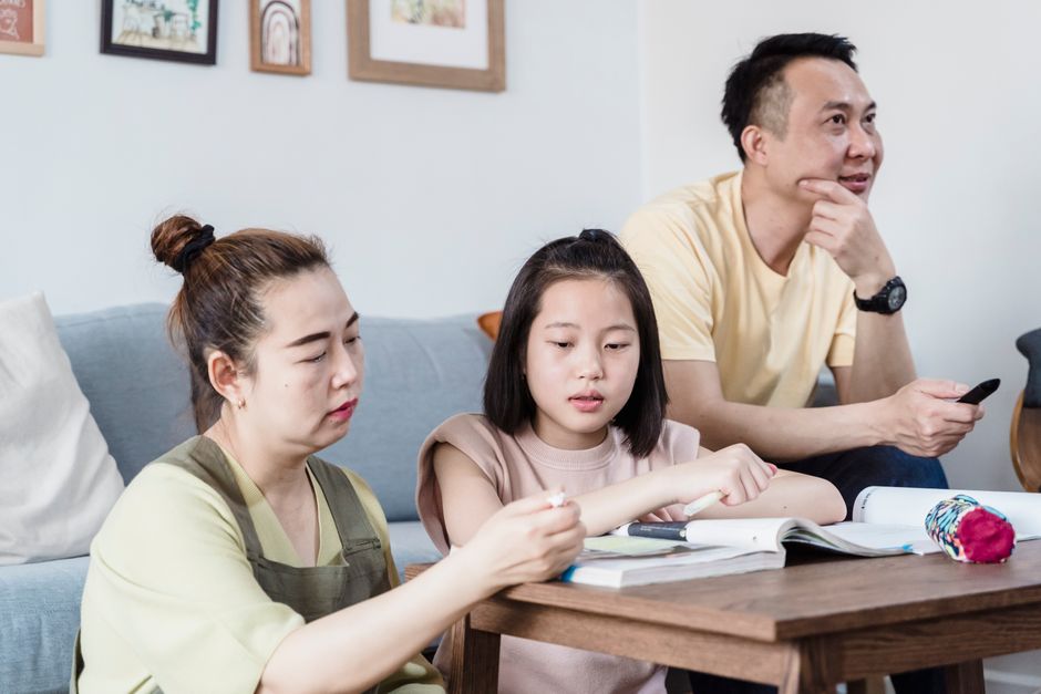 A parent and child are sitting at a wooden desk in a beautifully lit, modern home, focused on homework, representing family investment in education.
